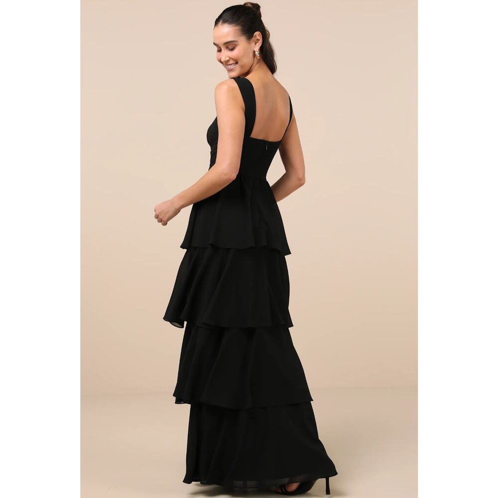 Lulus Carlynda Black Tiered Bustier Chiffon Basque Waist A Line Maxi Dress M - Picture 3 of 14